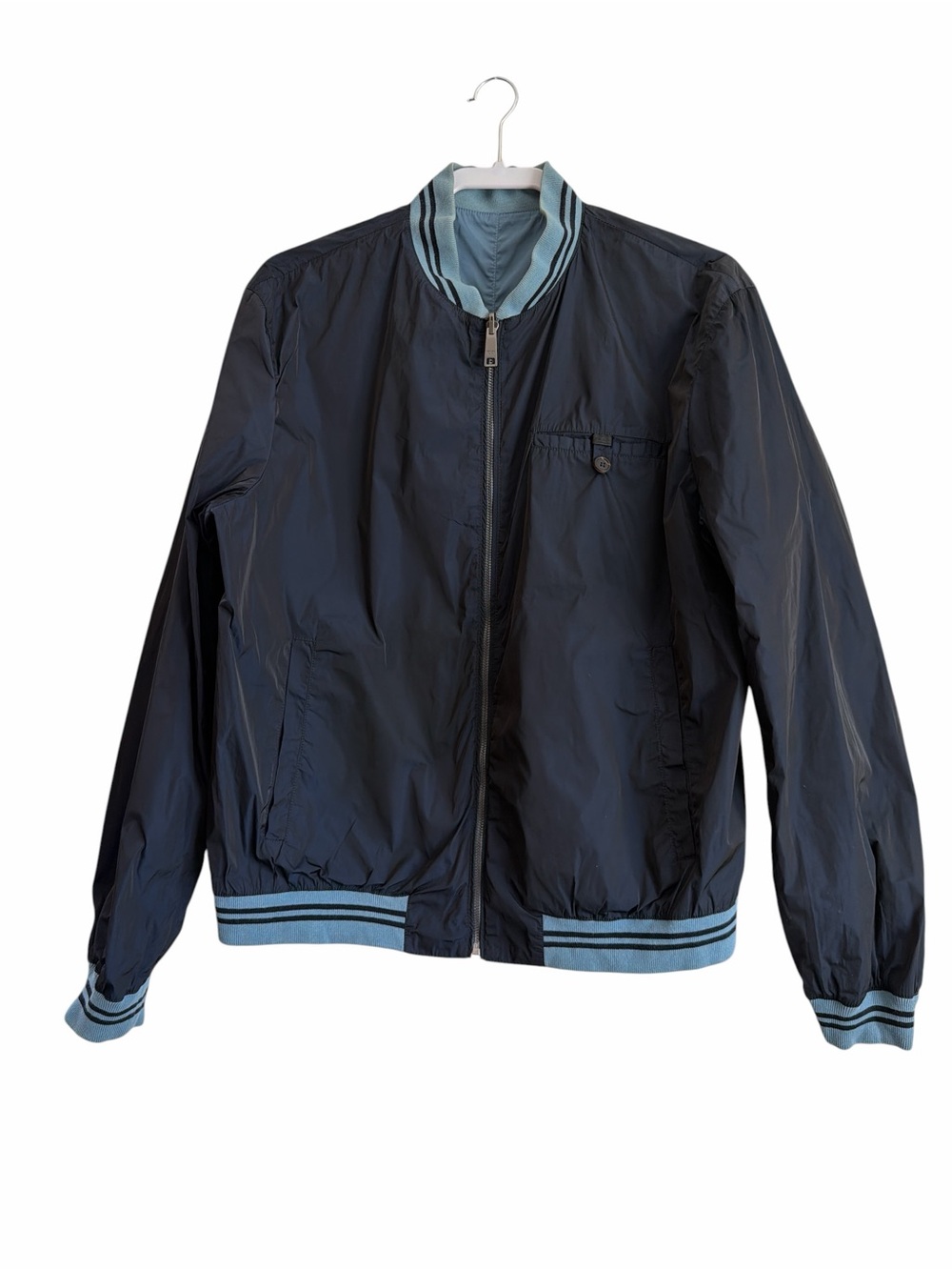 Prada Men's Reversible Black Light Blue Nylon Bomber Jacket Size 52 EU/XL US